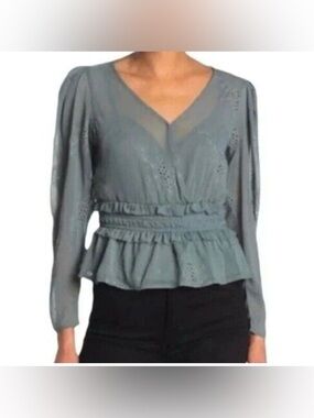 ASTR Blouse Sheer Floral Eyelet Fabric Elastic Waist Long Sleeve Peplum Green L